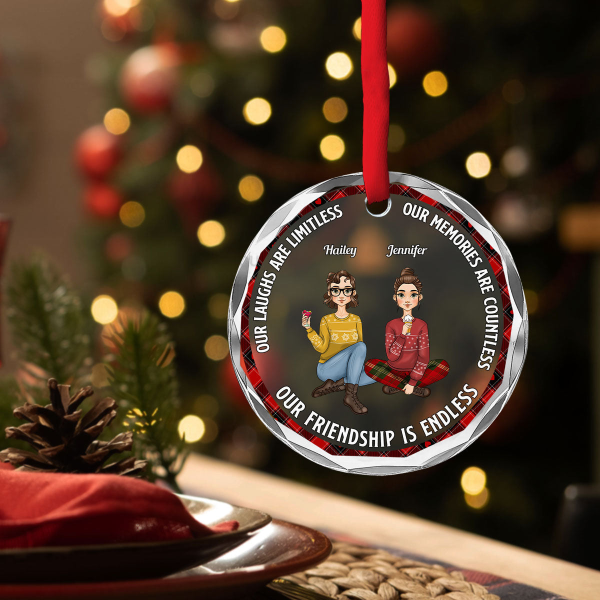 Custom Friendship Christmas Ornament, Best Friend Gift •  Our Laughs Are Limitless - Personalized Glass Ornament