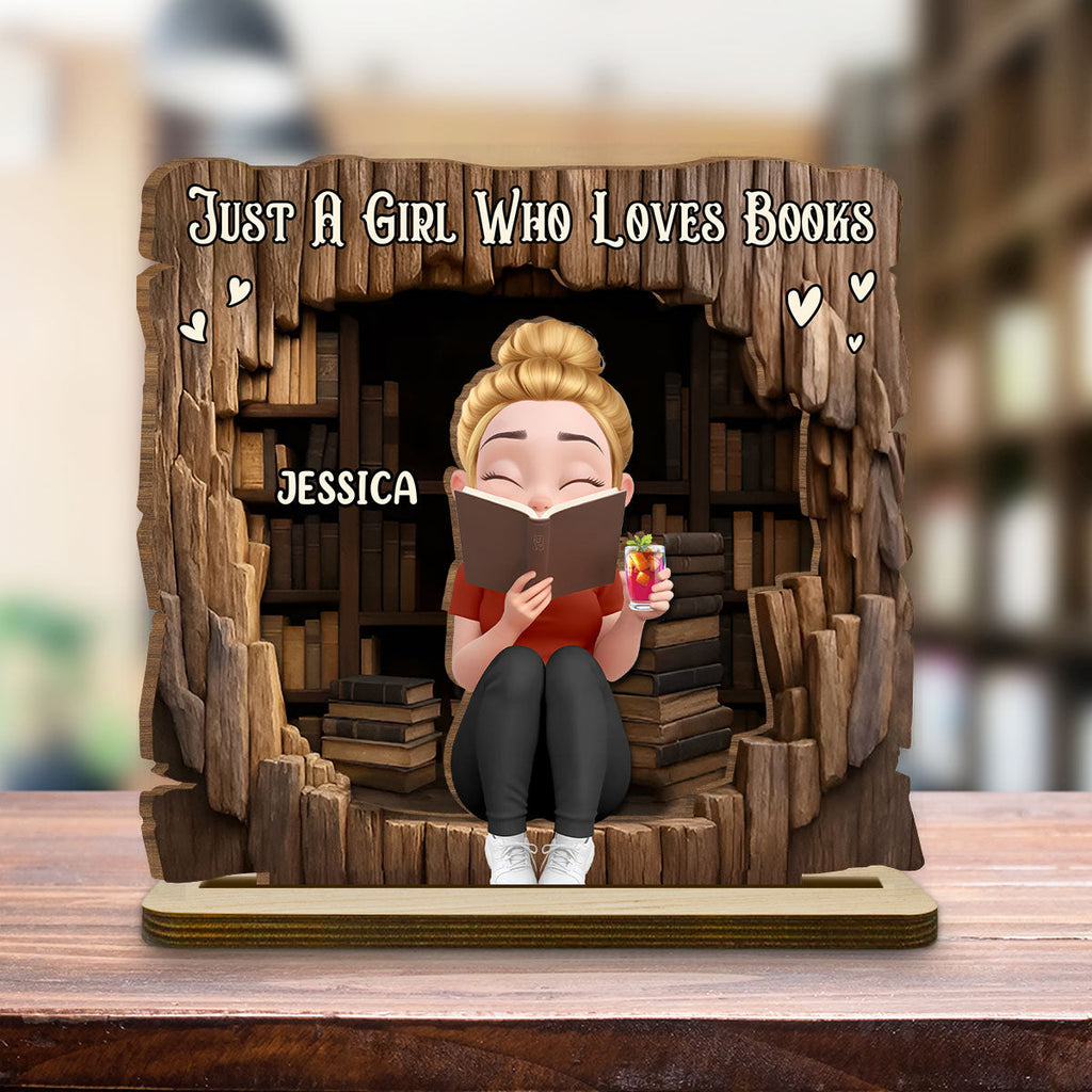 Custom Christmas Book Nook Decor For Bookworms, Book Lovers, Readers • Just A Girl Who Loves Book - Personalized 2-Layer Wood Plaque With Flat Base
