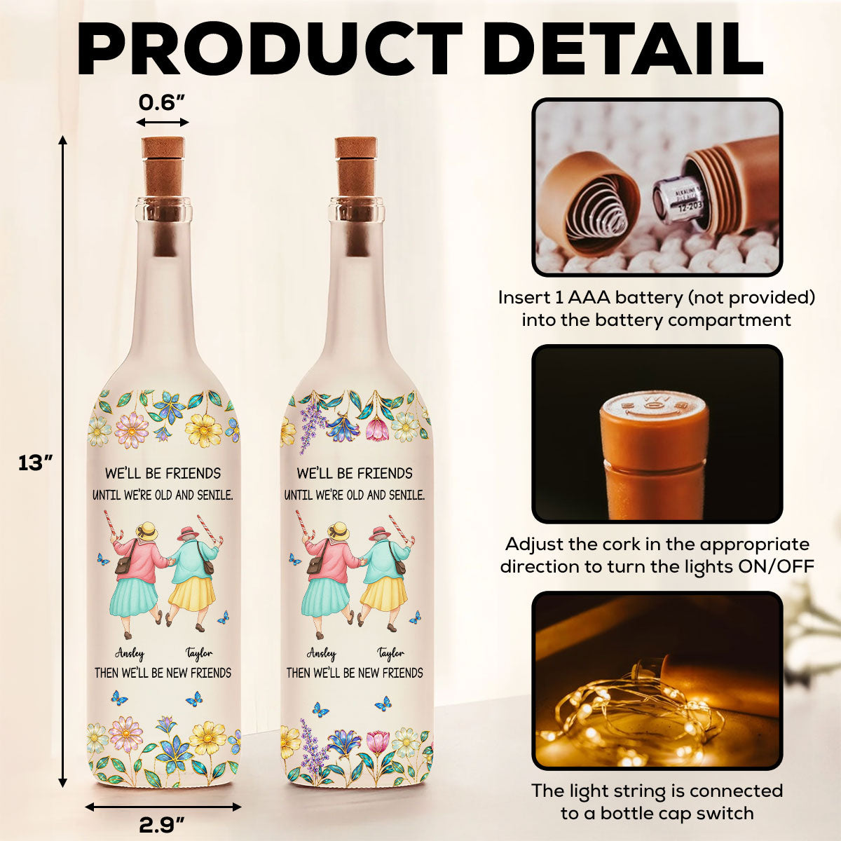 Friends Until We Are Old And Senile - Personalized Bottle Lamp