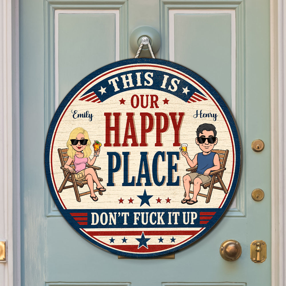 Custom Family Patriotic Hanging Decor, 4th of July • Cheers To Our Happy Place - Personalized Wood Sign