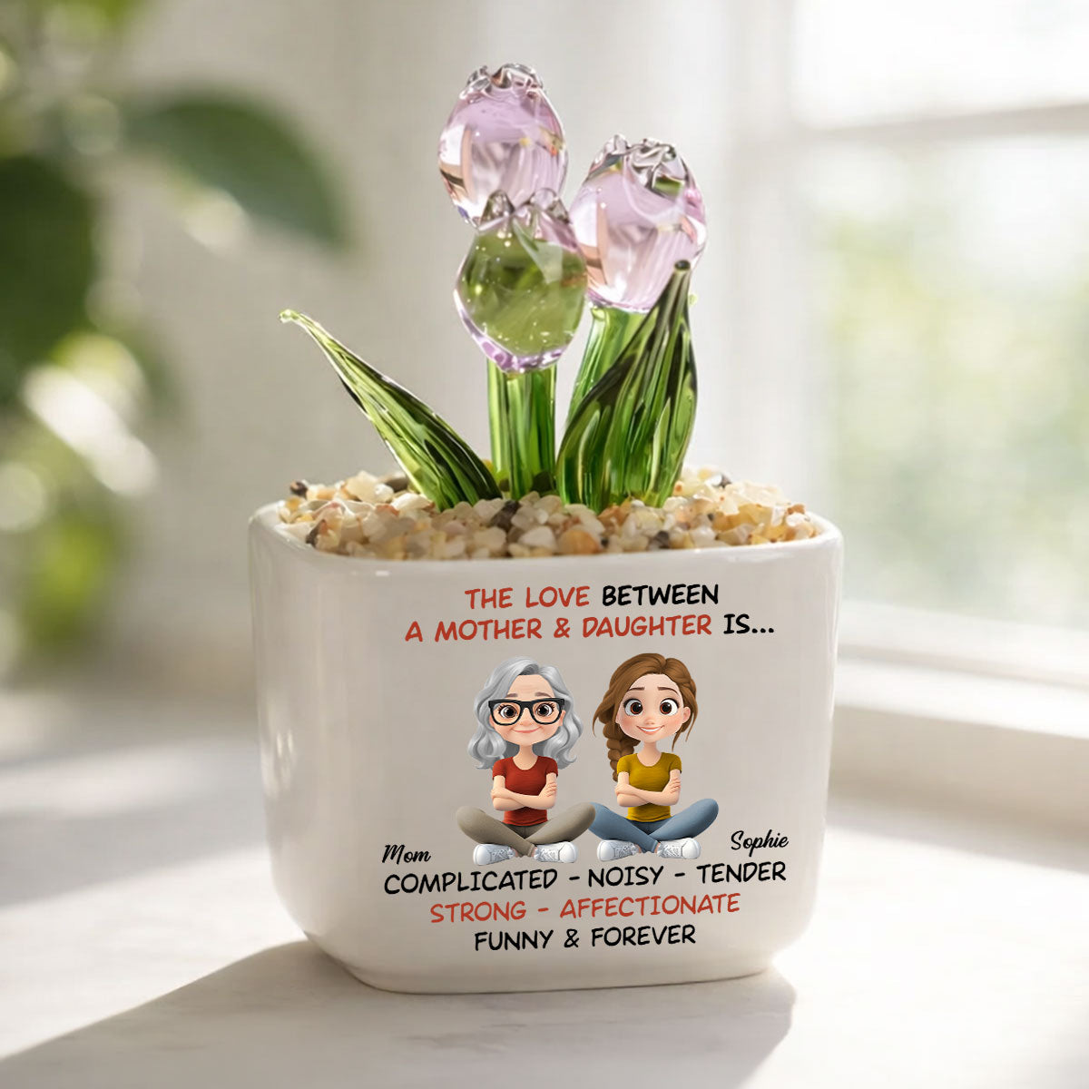 Custom Flower Keepsake, Glass Home Decor Gift for Daughter • Complicated Noisy Tender - Personalized Glass Everlasting Tulips