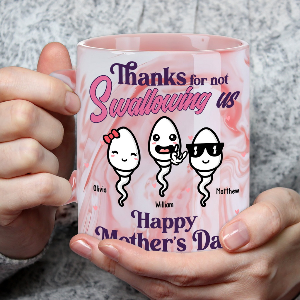 Custom Mother's Day Gift for Mom & Grandma • Thanks For Not Swallowing Us - Personalized Pink Marble Mug