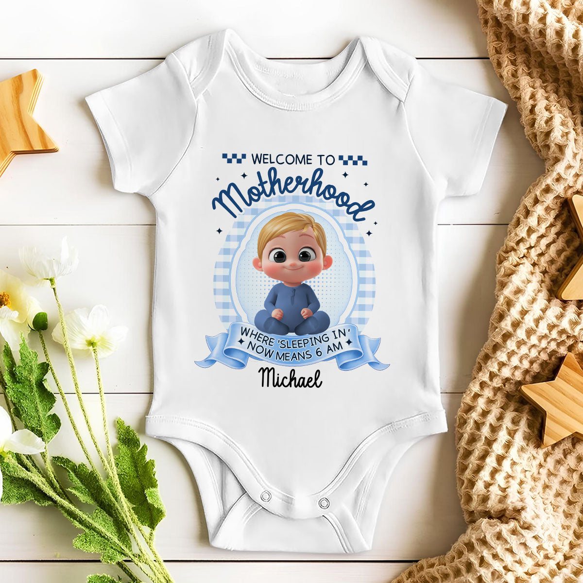 Welcome To Motherhood - Personalized Baby Onesie