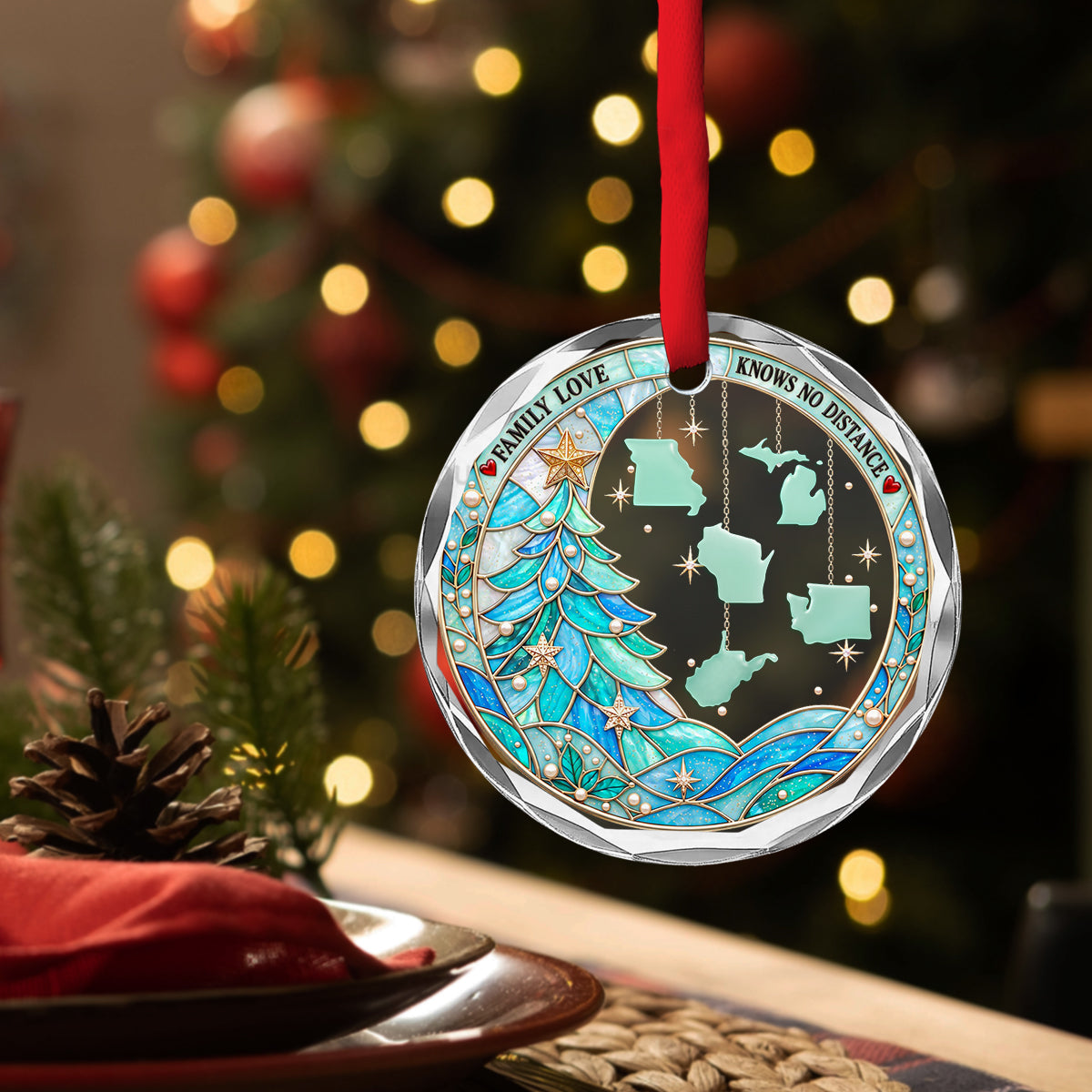 Custom Family Christmas Ornament for Long Distance Families •  Love Knows No Distance - Personalized Glass Ornament