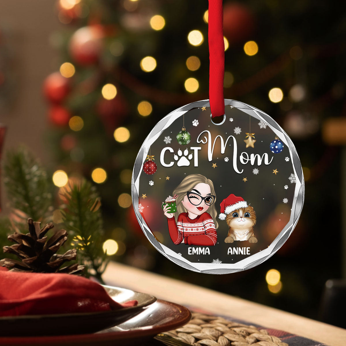 Custom Keepsake Christmas Ornament •  Cat Mom - Personalized Glass Ornament