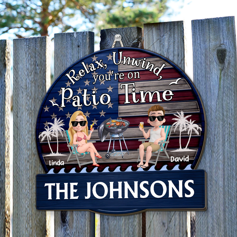 Custom Family Patriotic Hanging Decor, 4th of July • It Is Patio Time America - Personalized Wood Sign