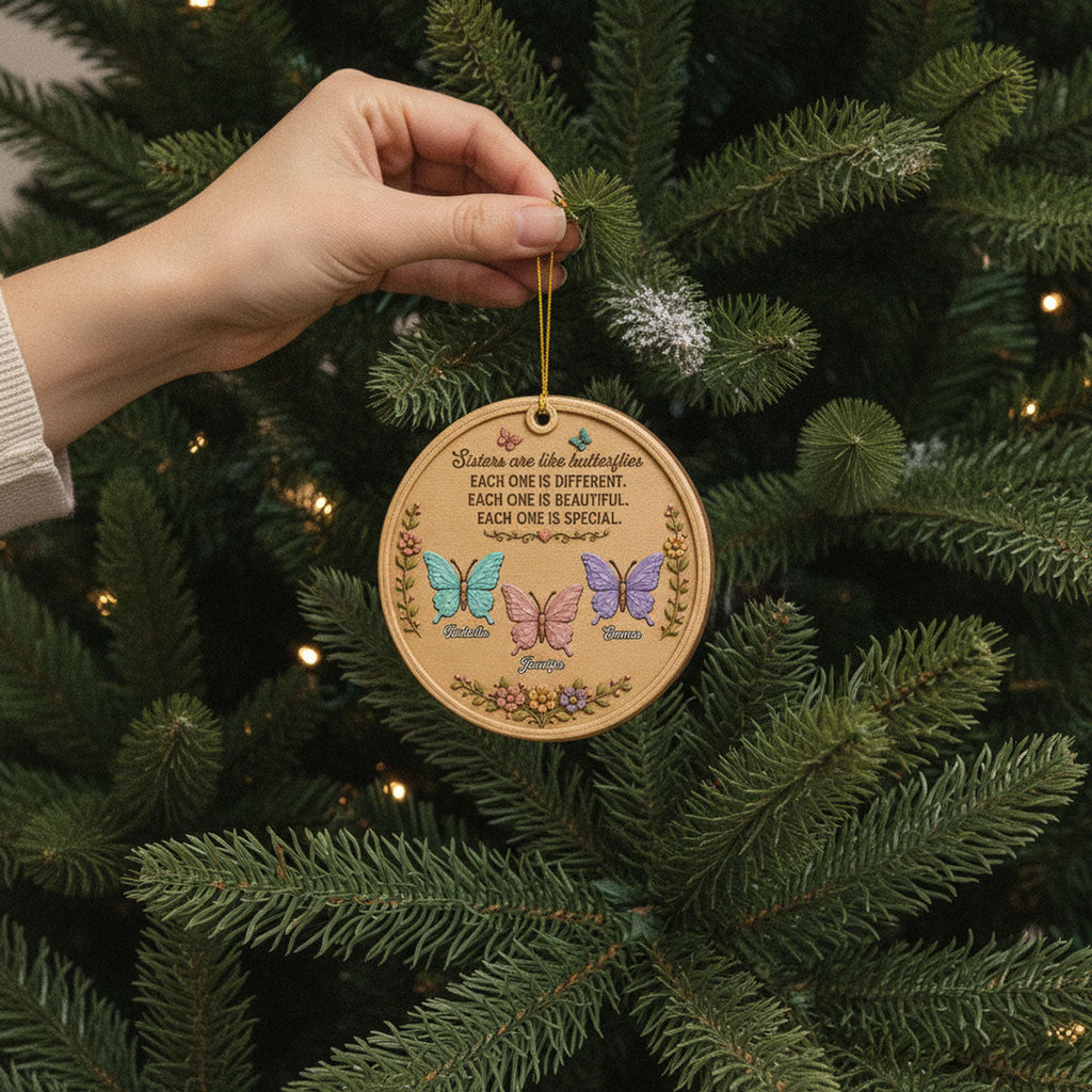 Custom Friendship Christmas Ornament, Best Friend Gift •  Sisters Are Like Butterflies - Personalized Wood Ornament