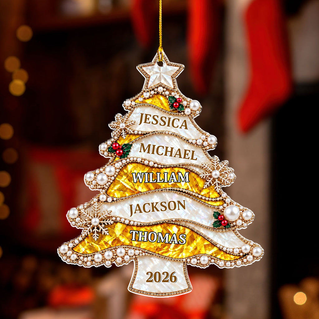 Custom Family Ornament, Christmas Gift for Family Members •  Golden Pearl Christmas Tree - Personalized 3D Effect Acrylic Ornament