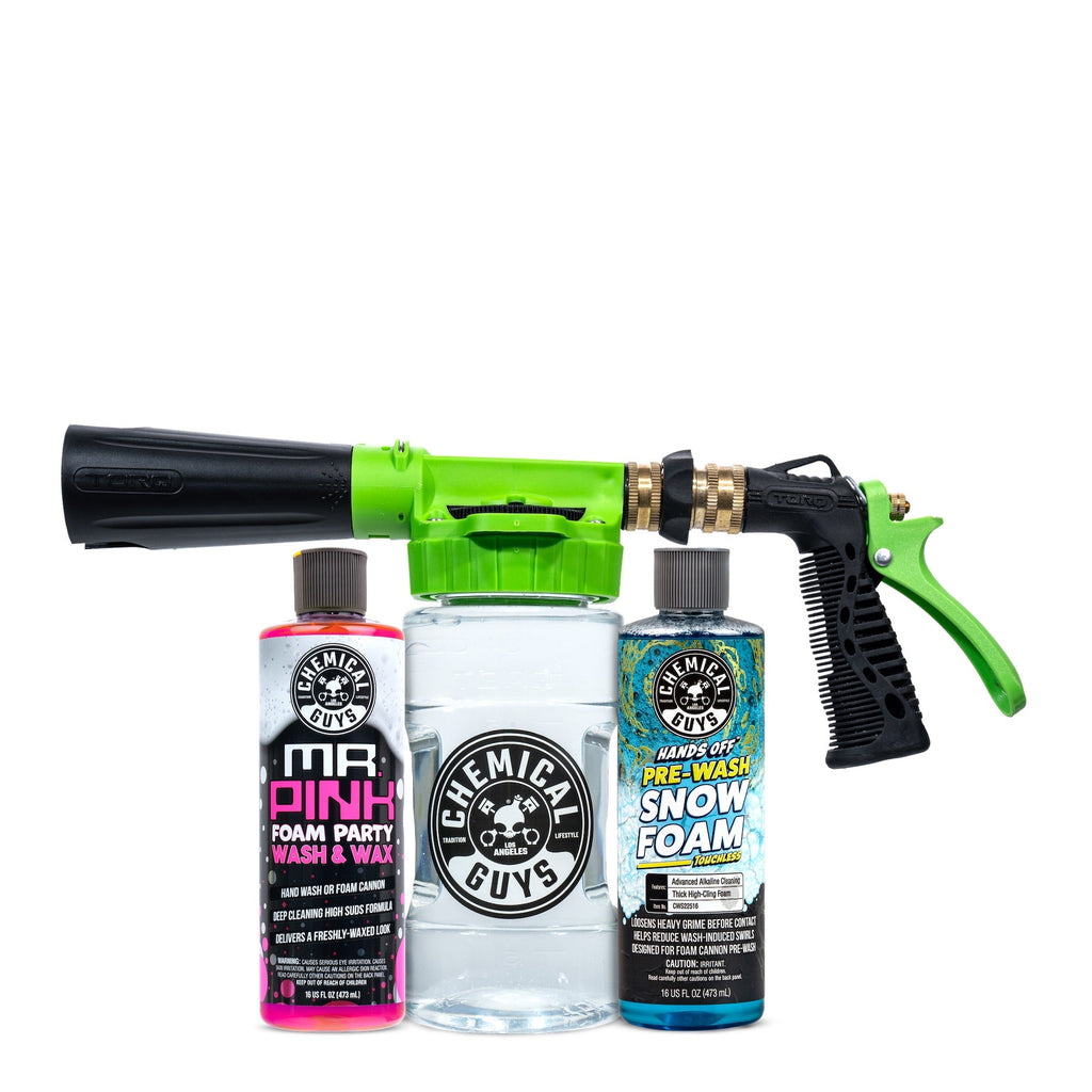 Pre-Wash Snow Foam Blaster Bundle - TORQ Foam Blaster 6 Pro attachment with Mr. Pink Foam Party Wash and Wax and Hands Off Pre-Wash Snow Foam bottles