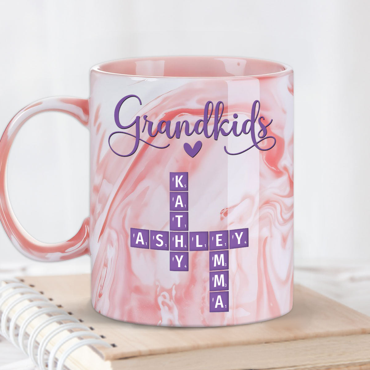Custom Mother's Day Gift for Mom & Grandma • Love My Grandkids Crossword - Personalized Pink Marble Mug