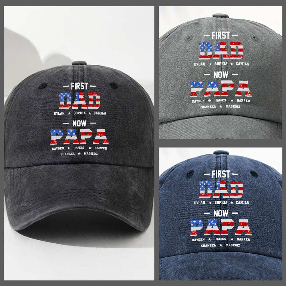 Custom Christmas Headwear Birthday Gifts for Grandpa • First Dad Now Papa - Personalized Vintage Washed Denim Cap