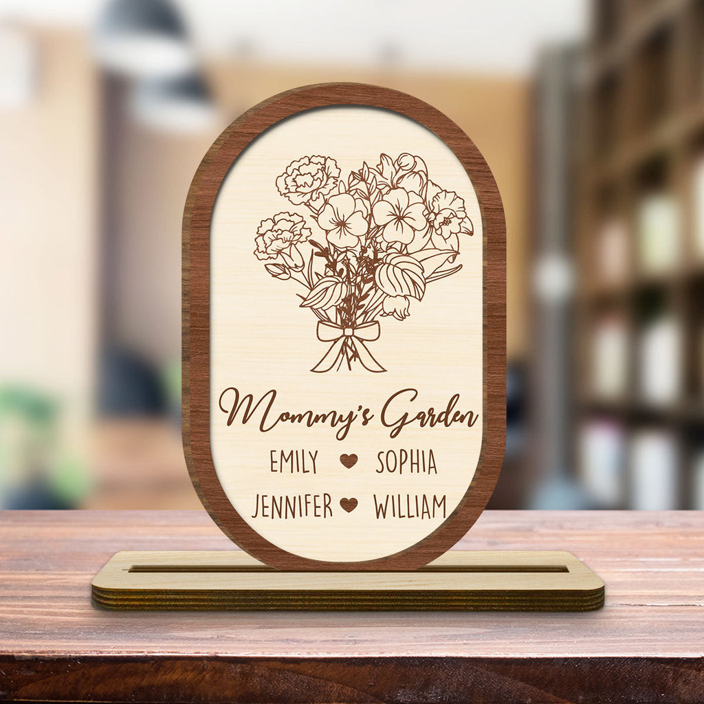 Custom Mother's Day Decor, Gift for Mom & Grandma • Floral With Family Names - Personalized 2-Layer Wood Plaque With Flat Base