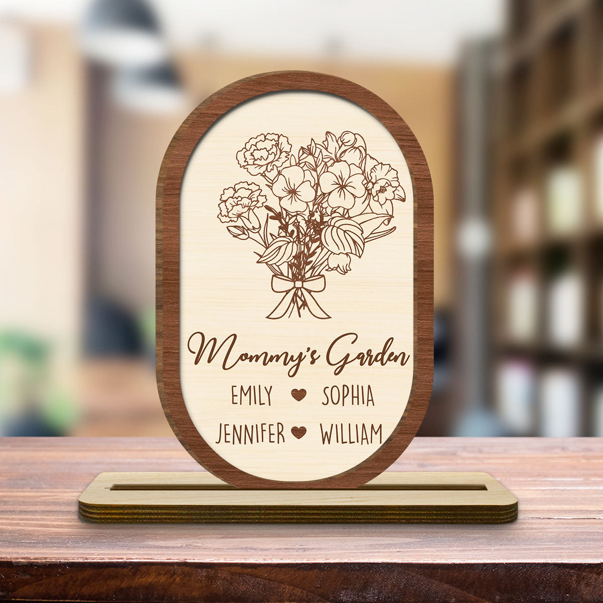 Custom Mother's Day Decor, Gift for Mom & Grandma • Floral With Family Names - Personalized 2-Layer Wood Plaque With Flat Base