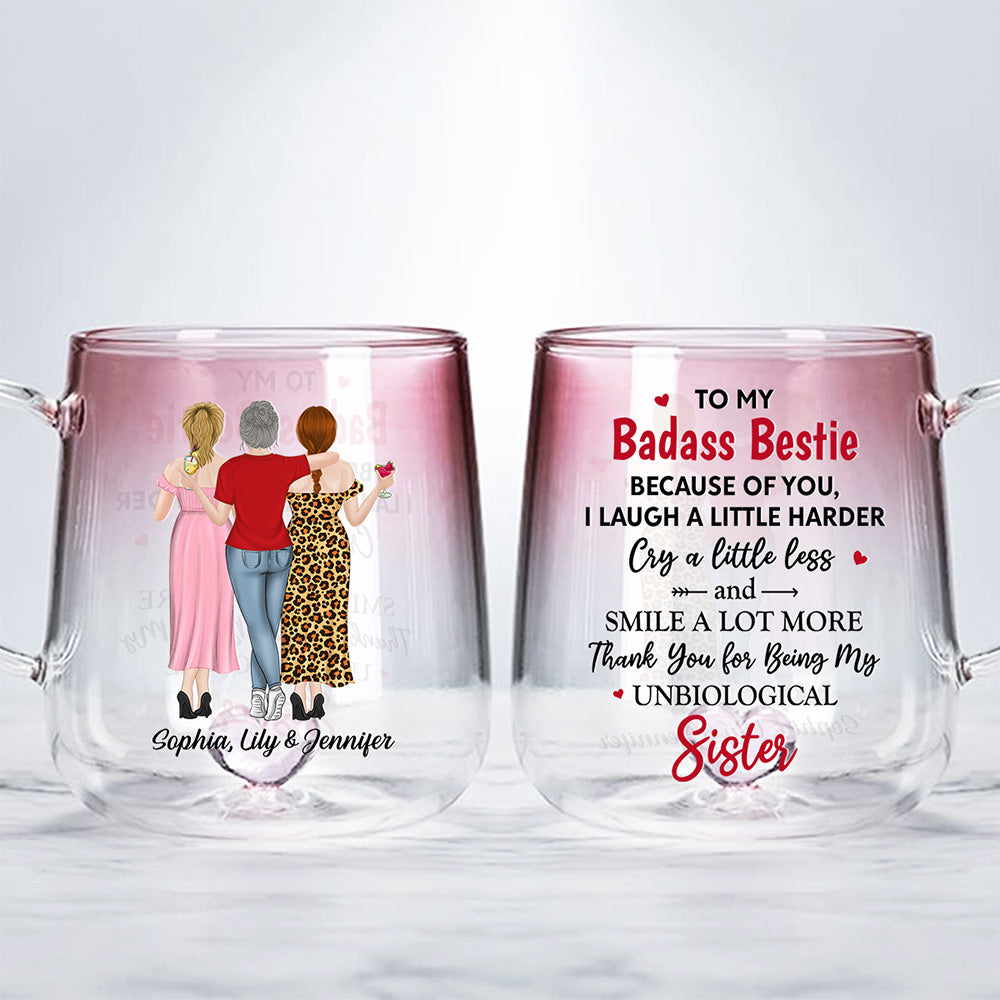 Custom Best Friend, Christmas & Birthday Friendship Keepsake Gift • Because Of You I Laugh A Little Harder - Personalized Pink Gradient Glass Mug