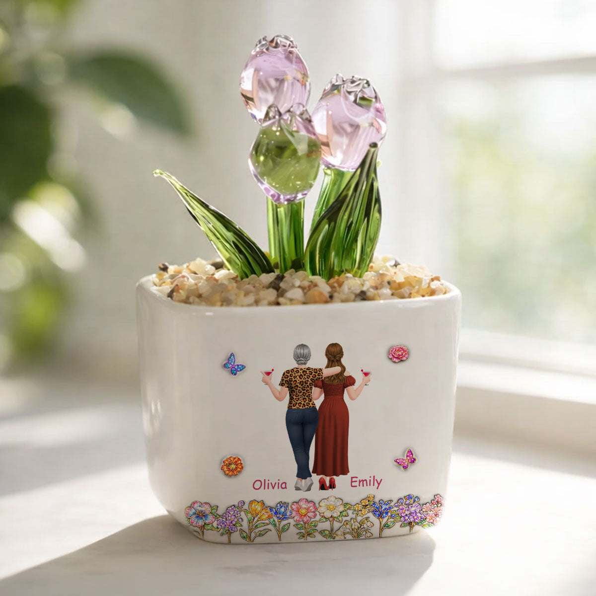 Custom Mother's Day Flower Keepsake, Glass Home Decor Gift for Mom • Like Mother Like Daughter - Personalized Glass Everlasting Tulips