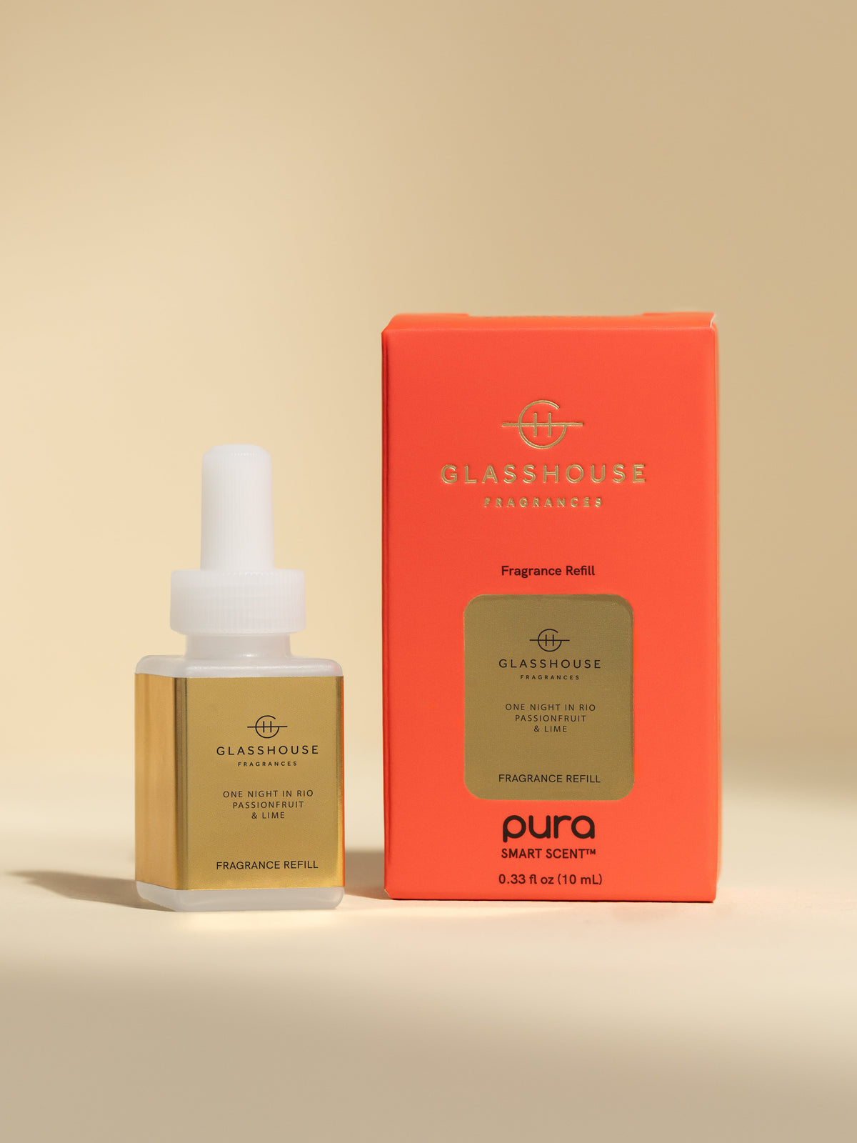 Glasshouse Fragrances One Night in Rio fragrance vial and packaging on a beige background