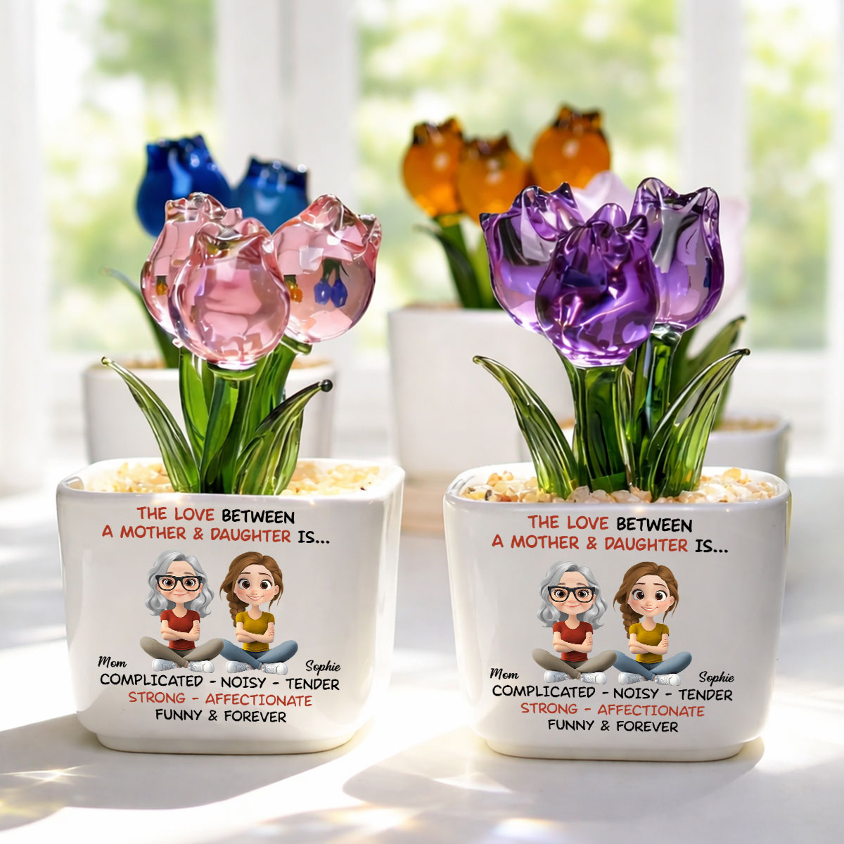 Custom Flower Keepsake, Glass Home Decor Gift for Daughter • Complicated Noisy Tender - Personalized Glass Everlasting Tulips