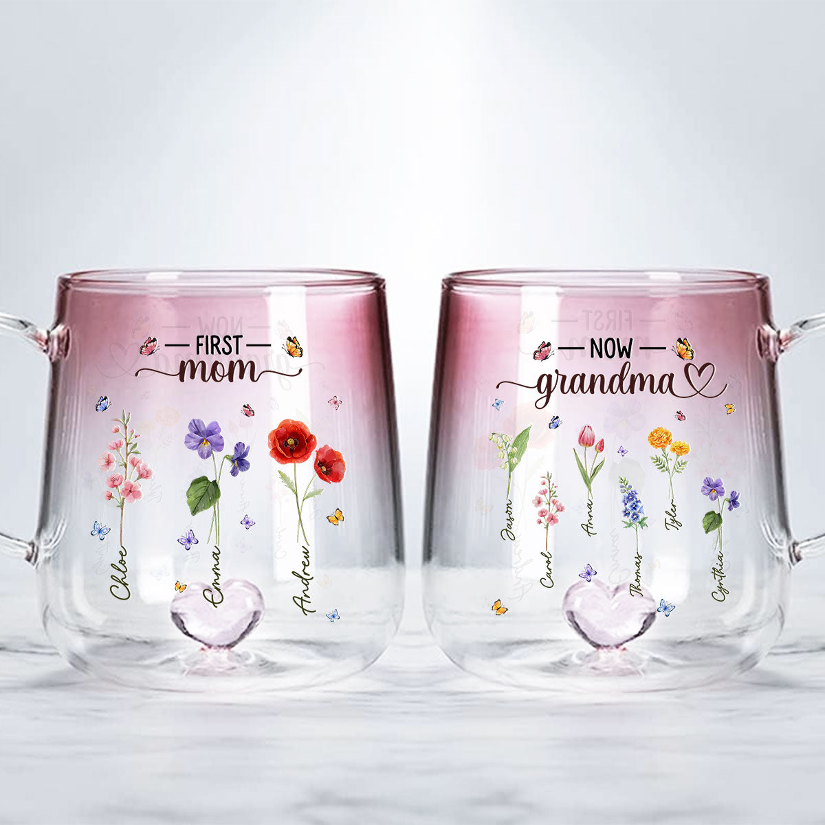 Custom Mother's Day Gift for Mom & Grandma • First Mom Now Grandma Flower - Personalized Pink Gradient Glass Mug