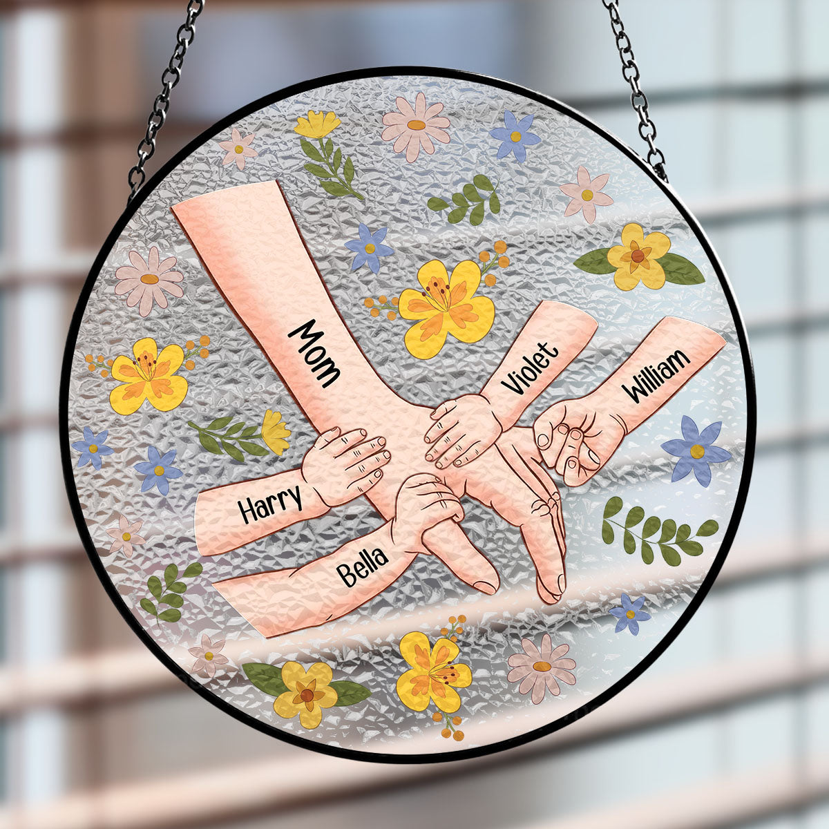 Custom Name Hanging Decor for Mom Daughter, Mother's Day Birthday Gifts • Mom Hold My Hand Also My Heart - Personalized Window Hanging Suncatcher