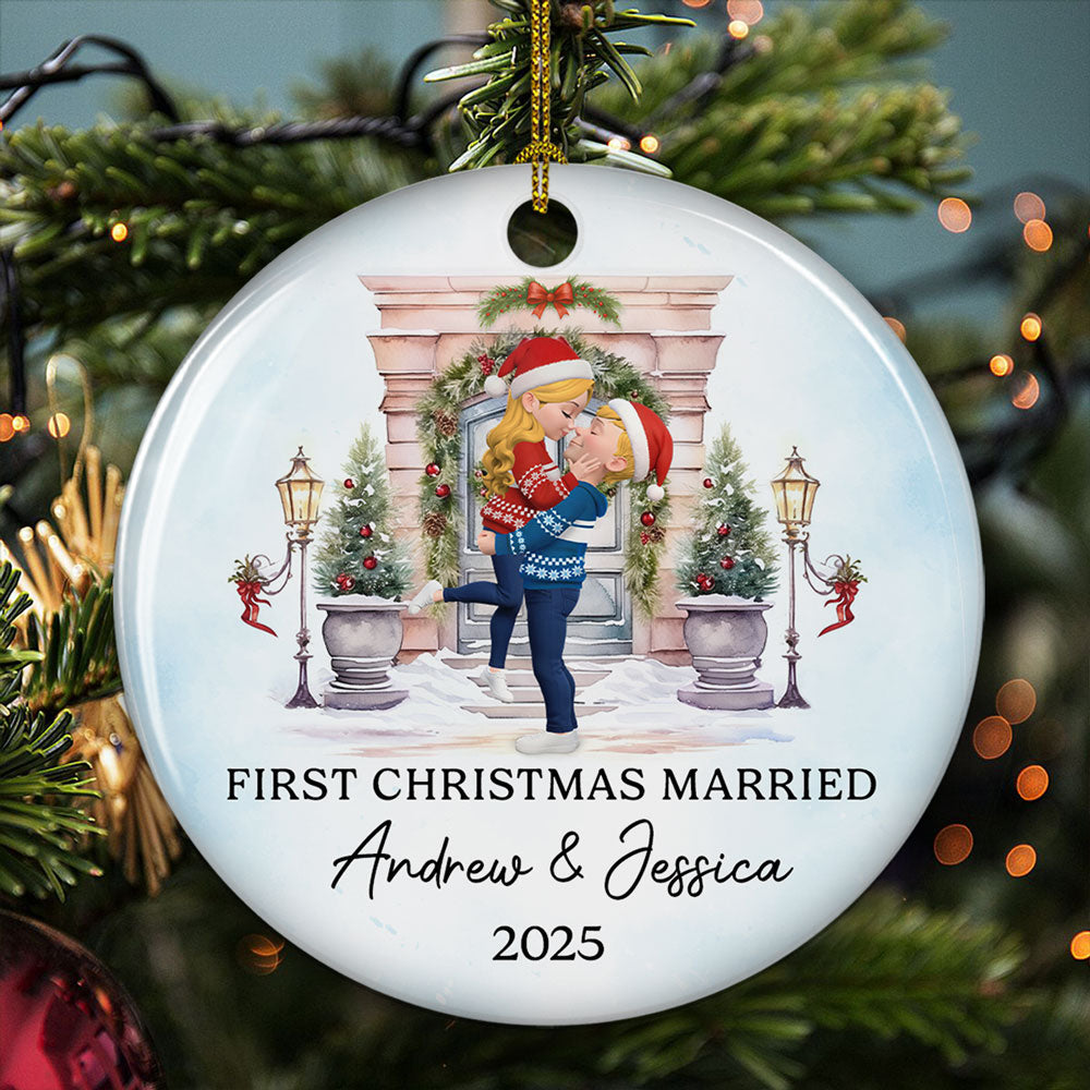 Custom First Christmas Ornament Married, Gift for Newlyweds •  Love Shines Bright This Christmas - Personalized Ceramic Ornament