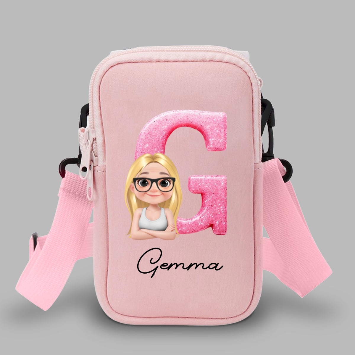 Glitter Alphabet Cartoon - Personalized Water Bottle Carrier Bag