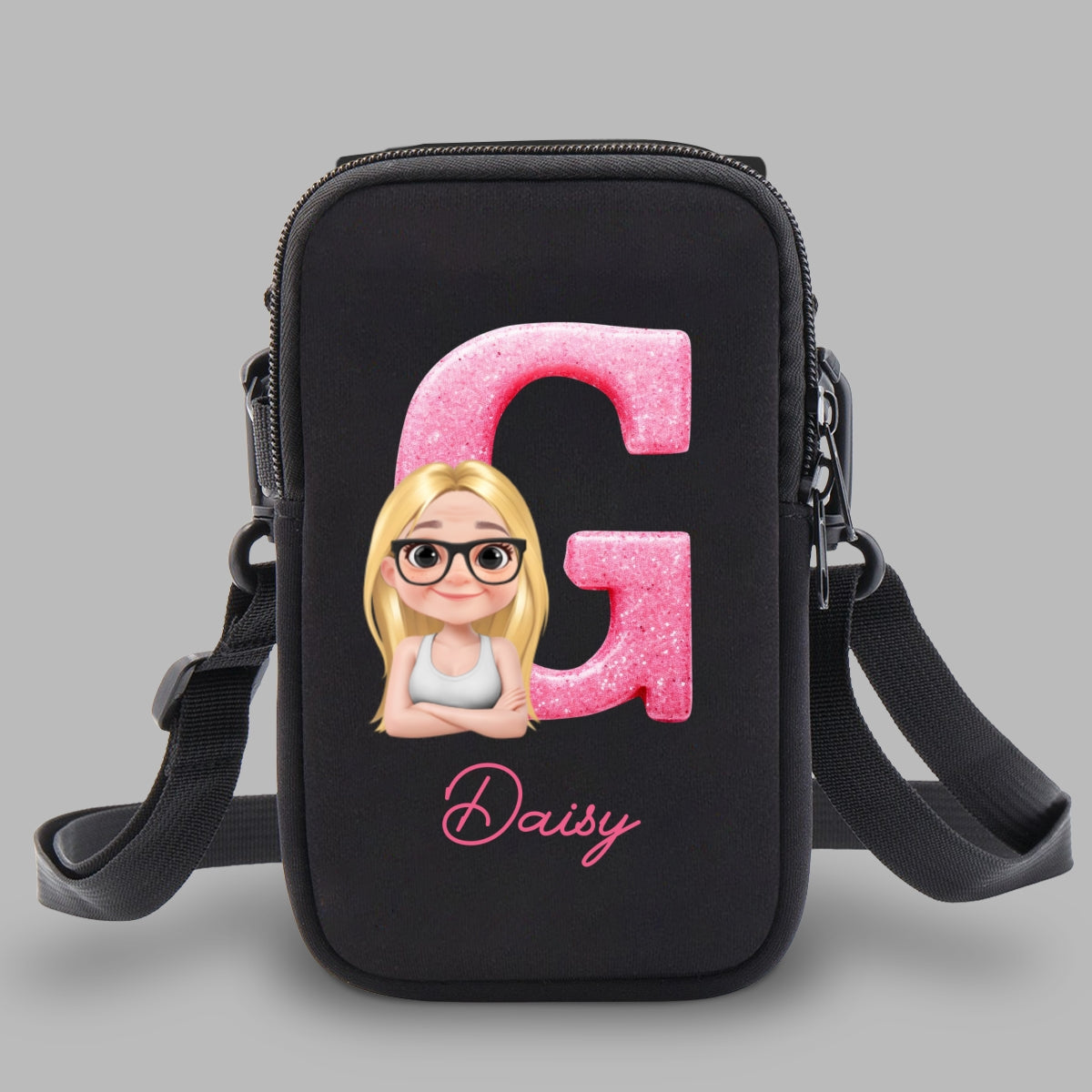 Glitter Alphabet Cartoon - Personalized Water Bottle Carrier Bag