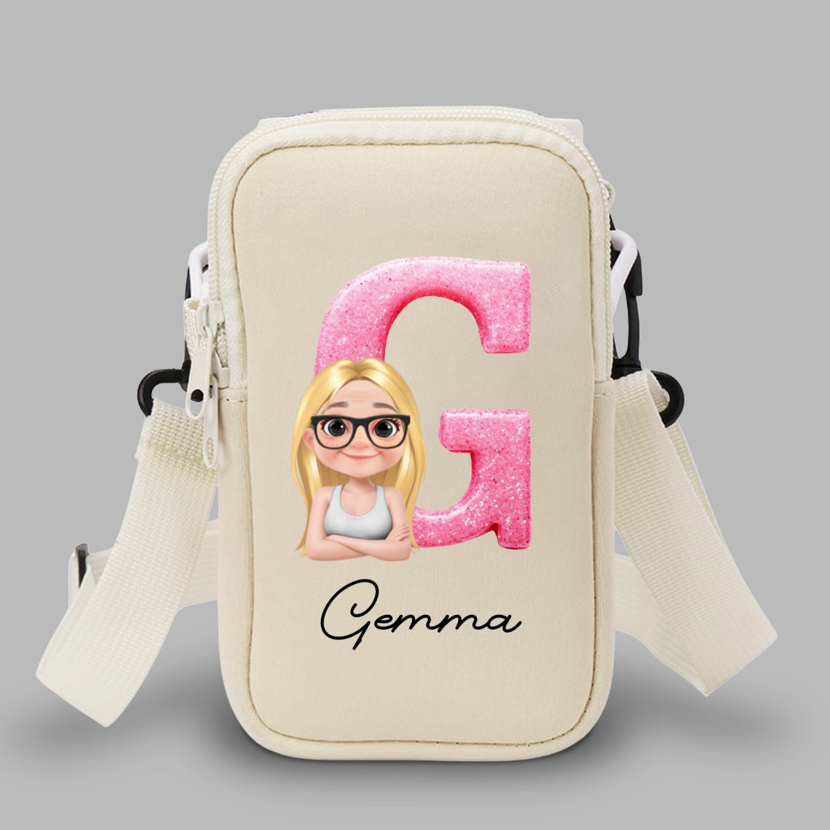 Glitter Alphabet Cartoon - Personalized Water Bottle Carrier Bag