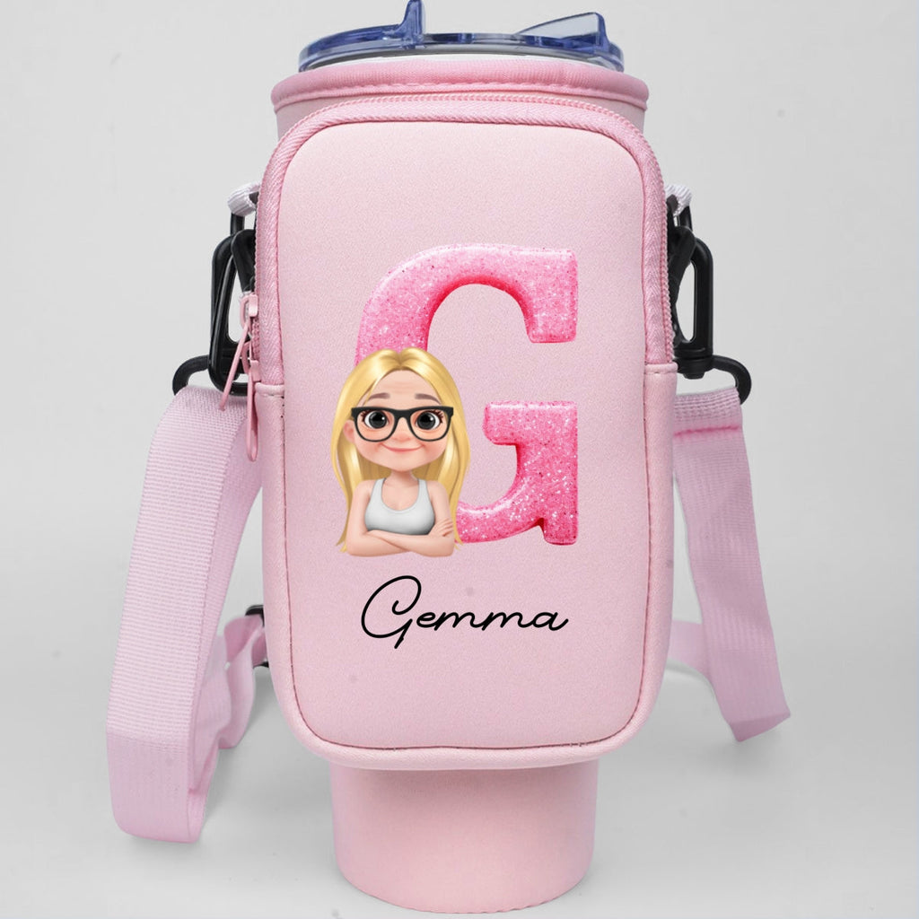 Glitter Alphabet Cartoon - Personalized Water Bottle Carrier Bag
