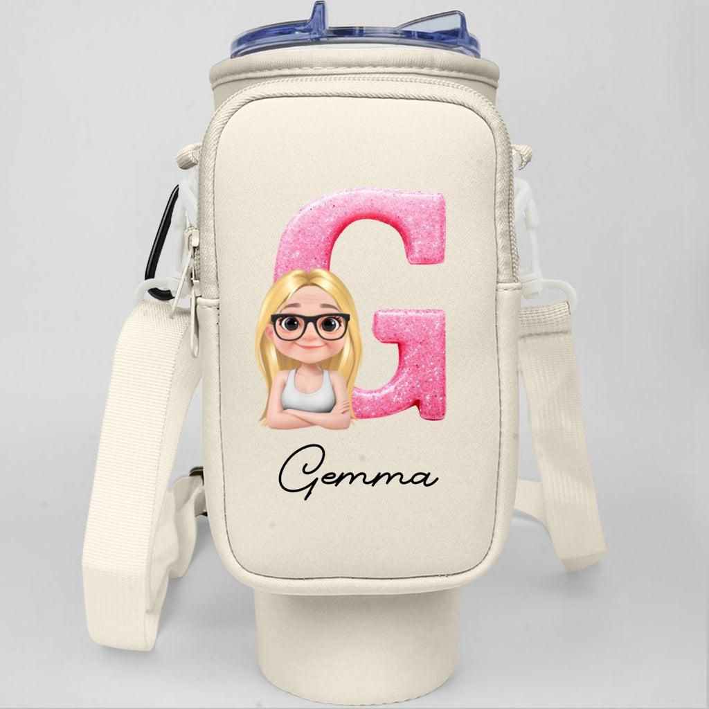 Glitter Alphabet Cartoon - Personalized Water Bottle Carrier Bag