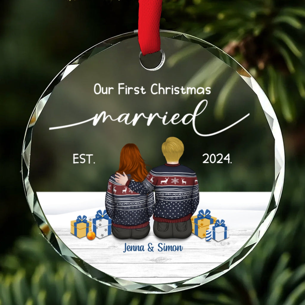 Custom First Christmas Ornament Married, Gift for Newlyweds •  Our First Christmas Married - Personalized Glass Ornament