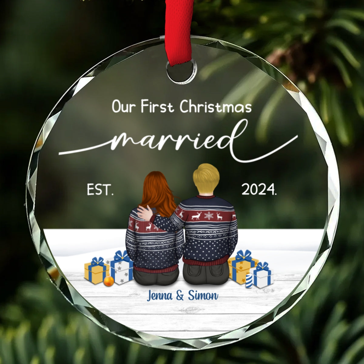 Custom First Christmas Ornament Married, Gift for Newlyweds •  Our First Christmas Married - Personalized Glass Ornament