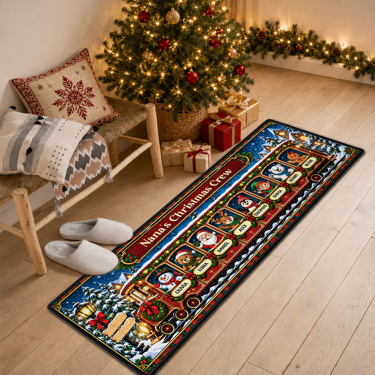 Custom Family Name Rug, Housewarming Birthday Gift For Family Members • Christmas Crew Train - Personalized Runner Rug