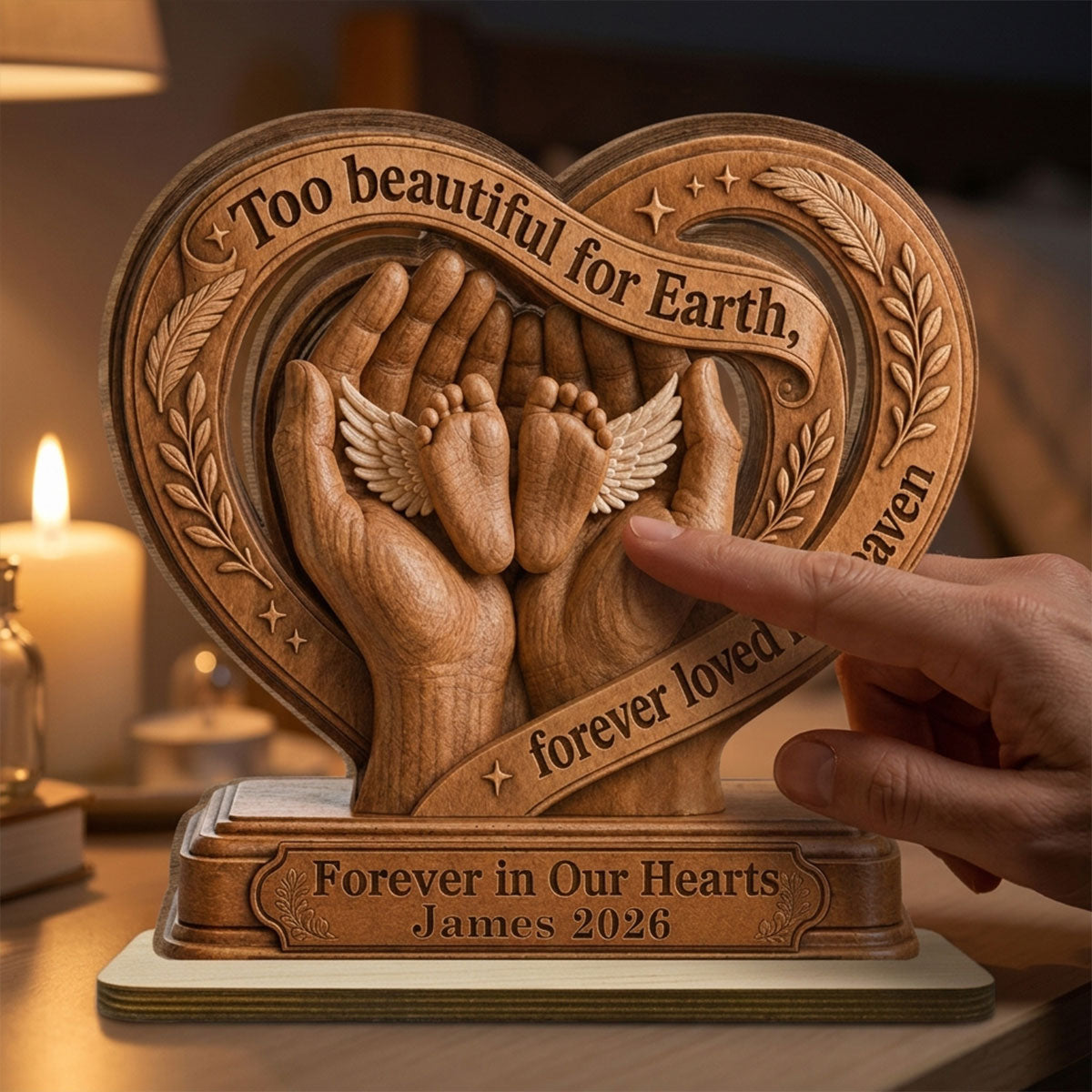 Custom Memorial Keepsake, Sympathy & Remembrance Gift • An Angel Forever In Heaven - Personalized 2-Layer Wood Plaque With Flat Base