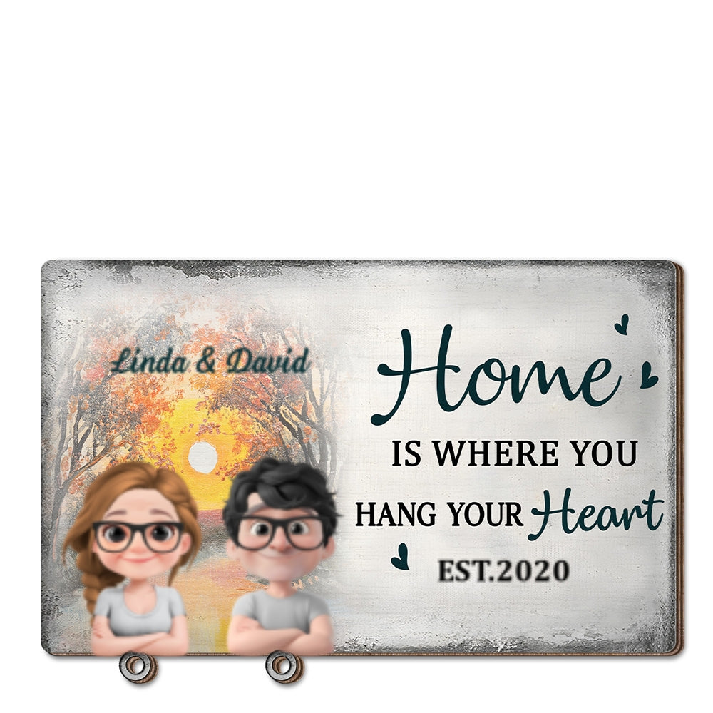 Home Is Where You Hang Your Heart - Personalized Wooden Key Holder With Keychain