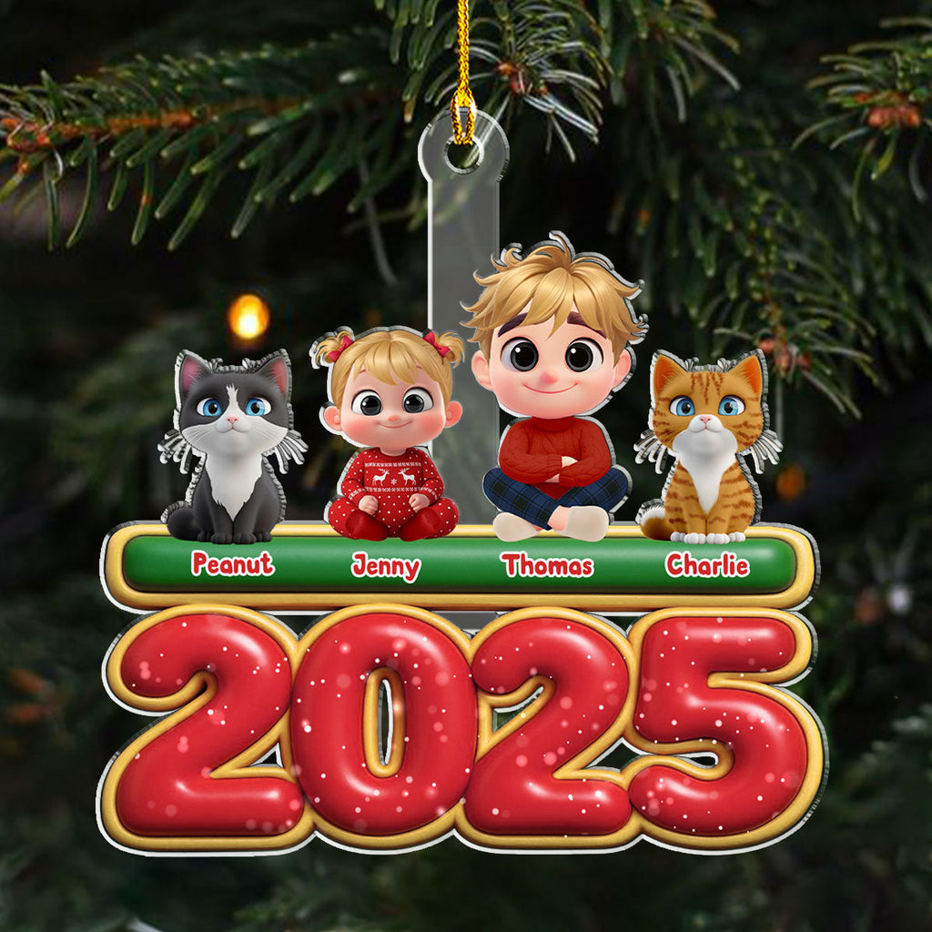 Custom Family Ornament, Christmas Gift for Family Members •  My Kids Is Here Cat Version - Personalized Acrylic Ornament