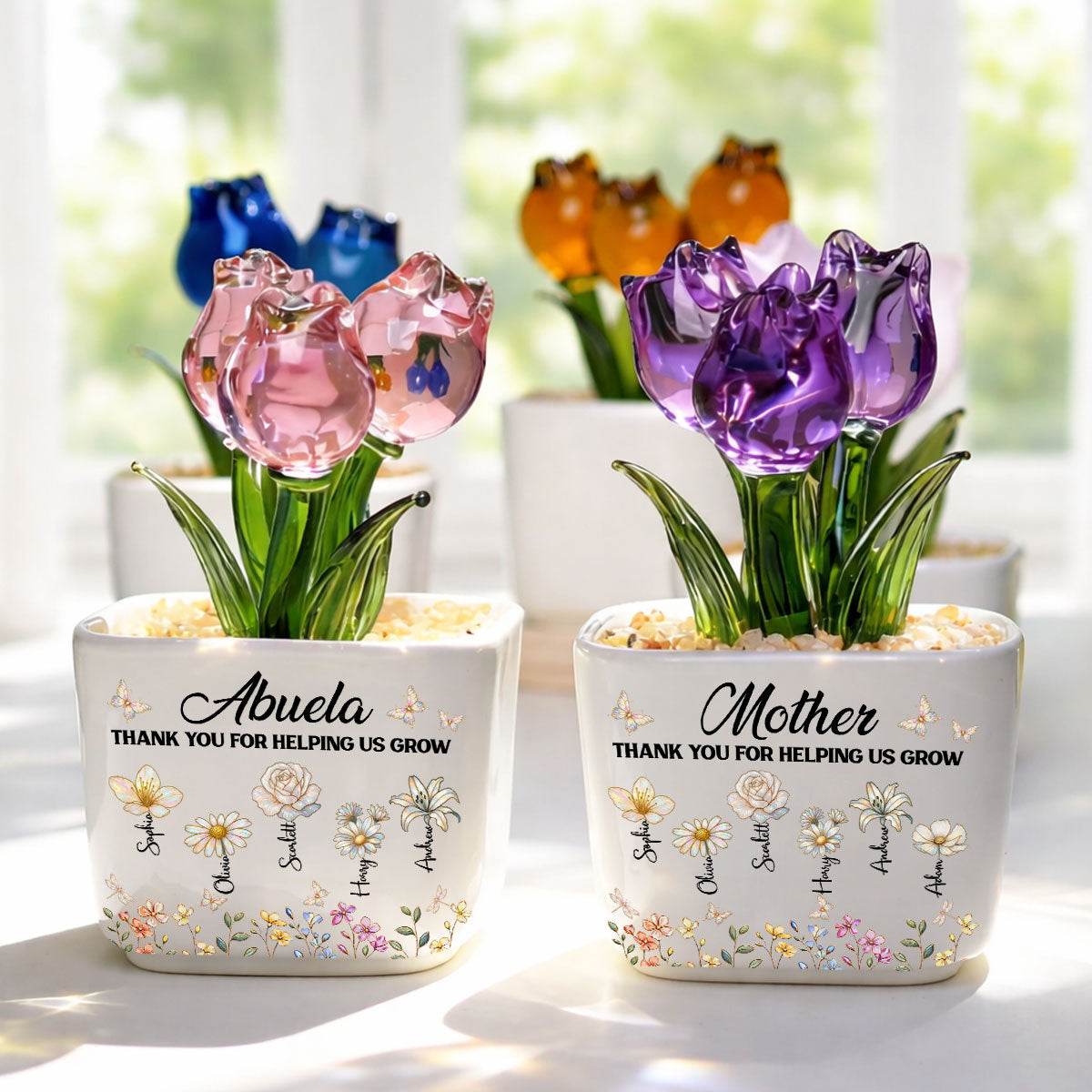 Custom Flower Keepsake, Glass Home Decor Gift for Grandma • Grandma Helping Me Grow - Personalized Glass Everlasting Tulips