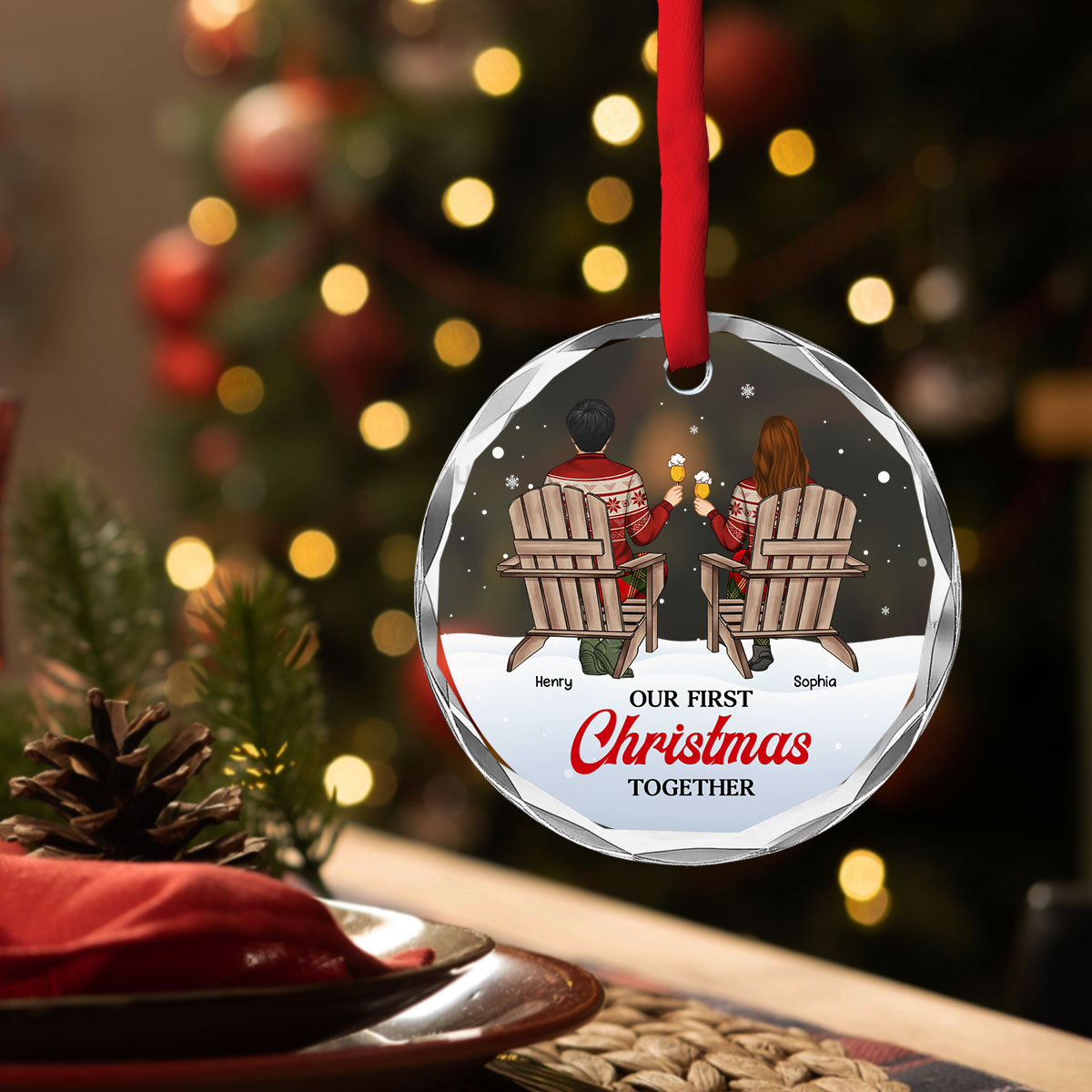 Custom First Christmas Ornament Married, Gift for Newlyweds •  Our loving season - Personalized Glass Ornament