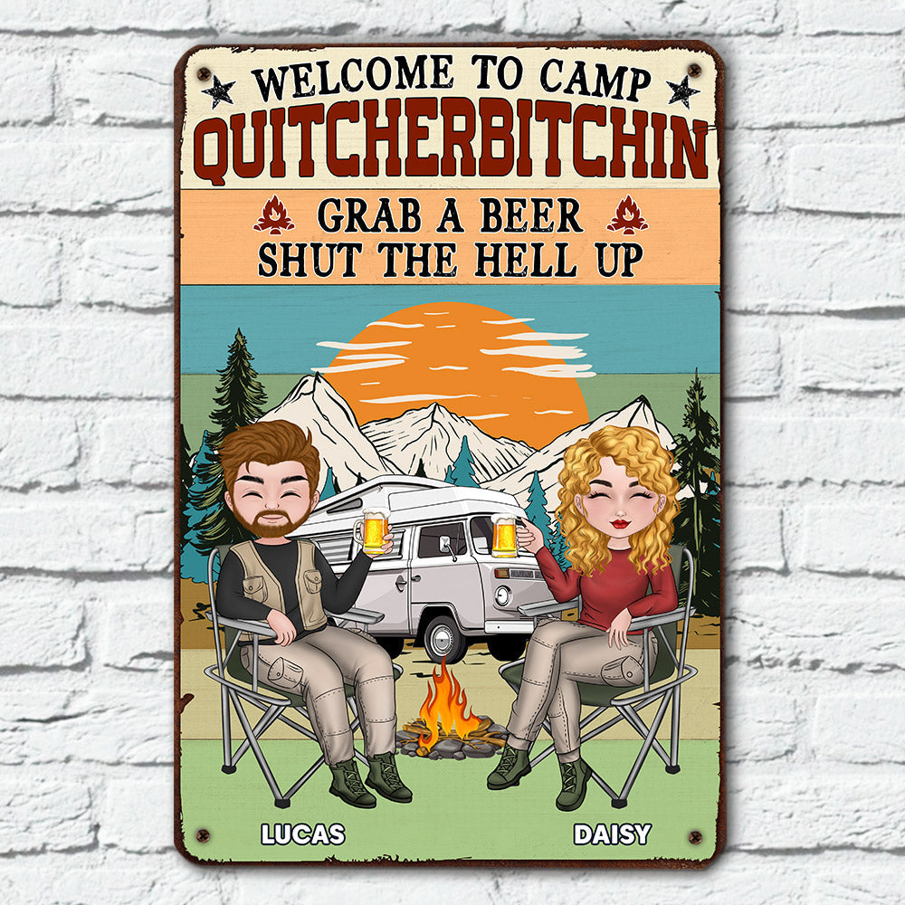 Custom Couple Campground Sign, Campsite Outdoor Wall Decor • Grab A Beer - Personalized Metal Sign
