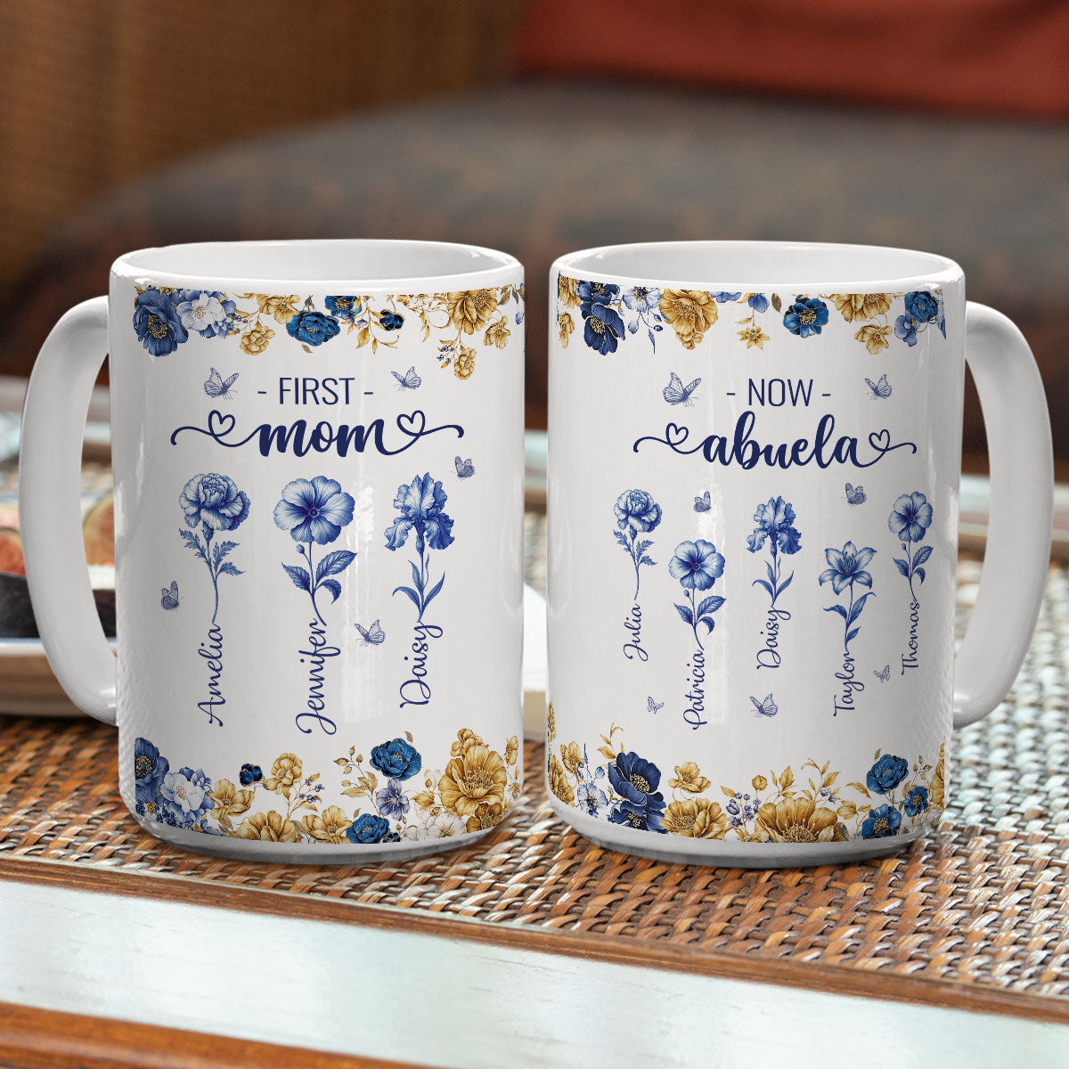 Custom Christmas & Birthday Gift For Grandma • Mom Then Grandma Now Blue Toile - Personalized Coffee Mug