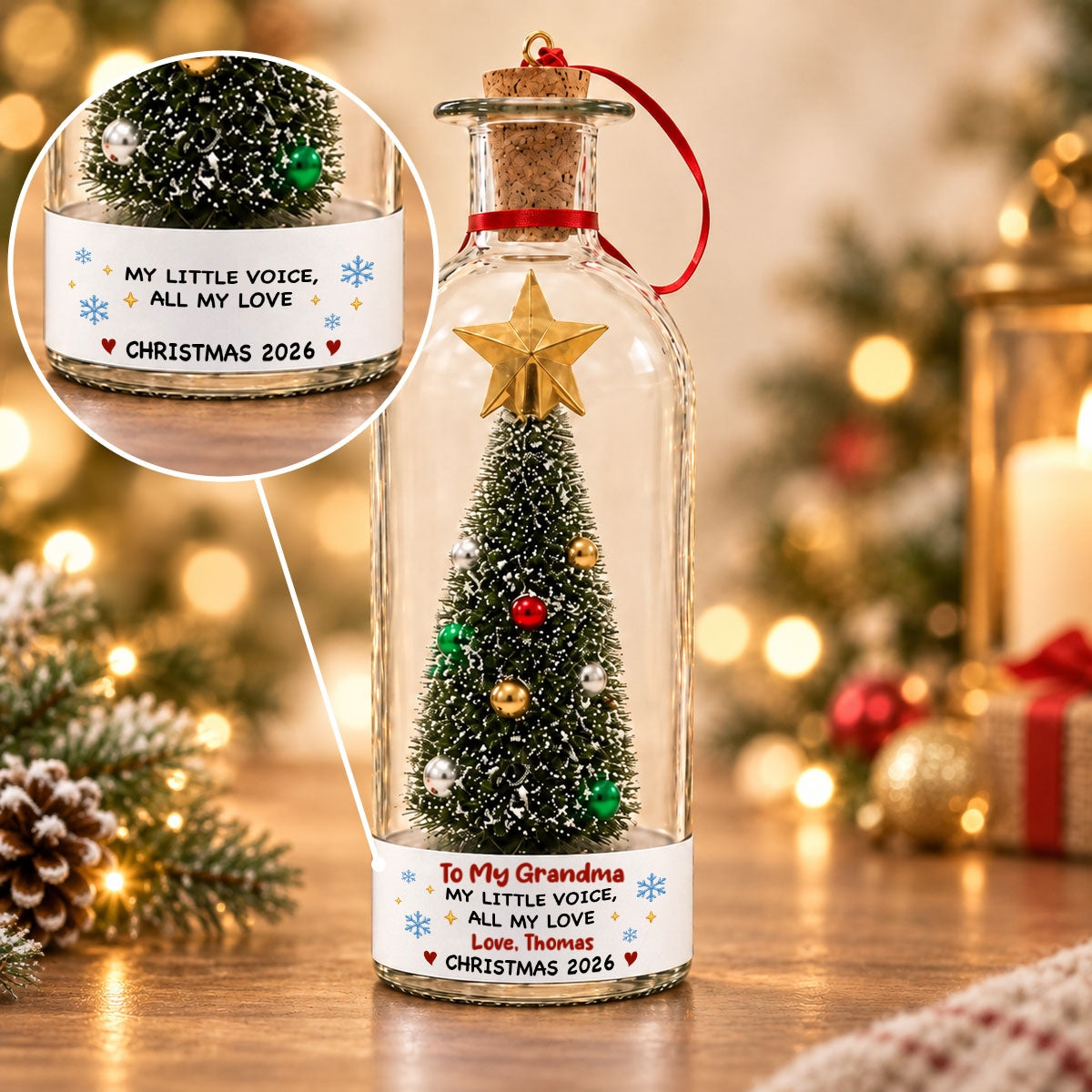 Custom Voice Recordable Message, Holiday Ornament Gift For Grandparents • To My Grandma - Personalized Christmas Tree Bottle