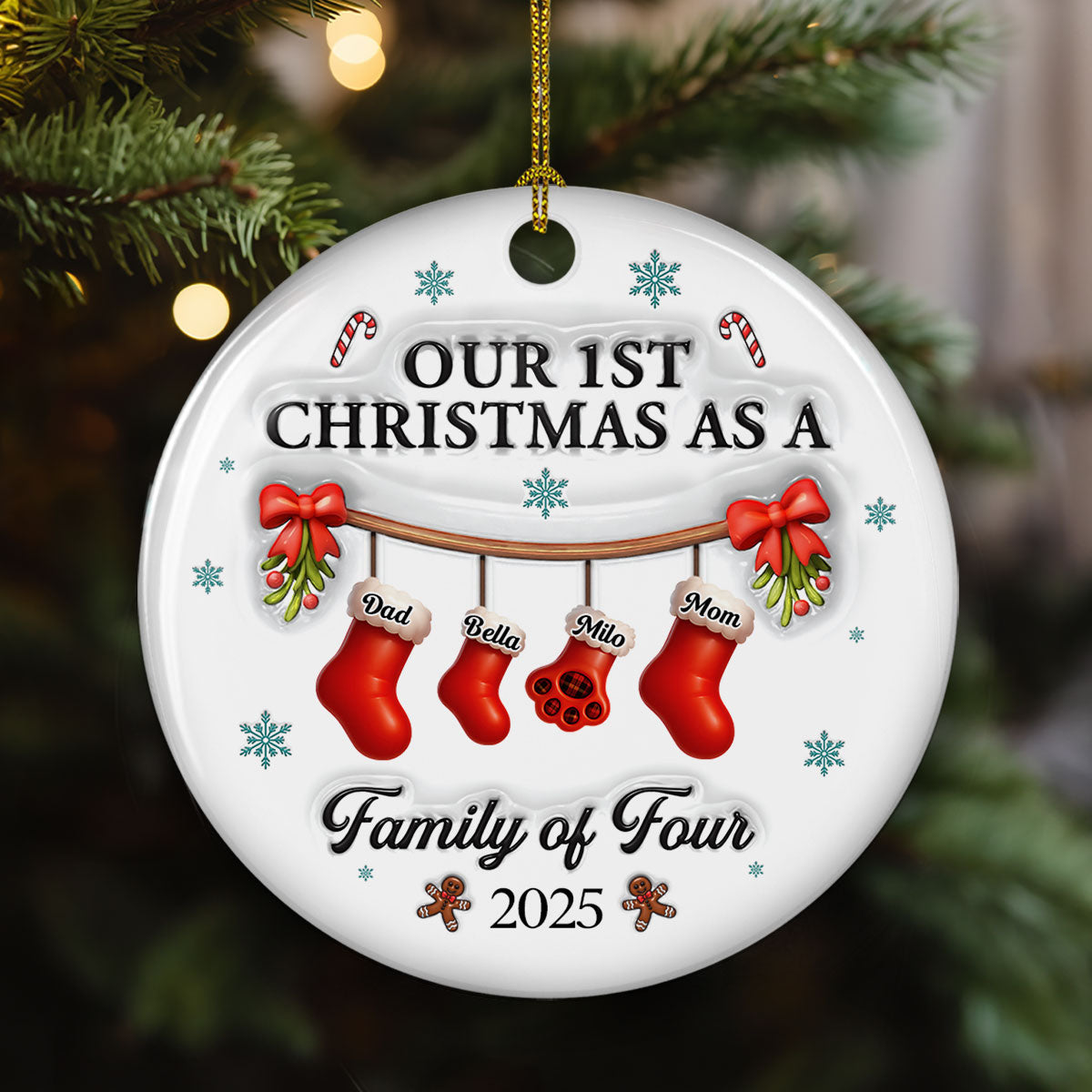 Custom Family Ornament, Christmas Gift for Family Members •  Christmas With Mom Dad And Baby - Personalized 3D Effect Ceramic Ornament