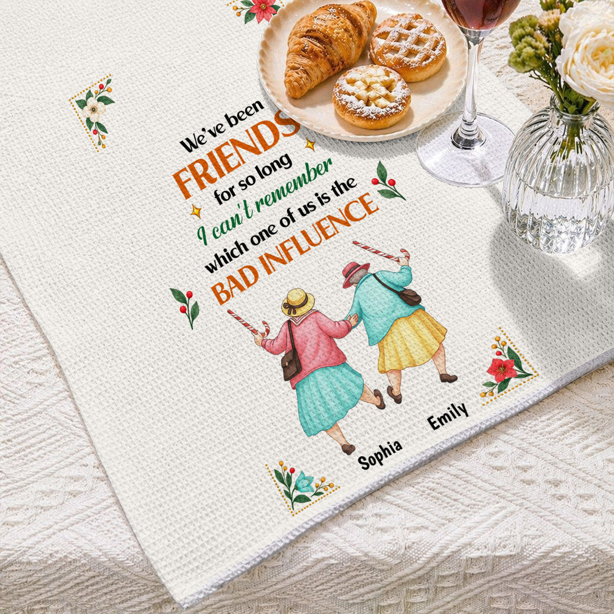 Custom Sister Kitchen Towel With Names, Birthday Christmas Gift For Sister Sibling • Bad Influence Besties - Personalized Kitchen Towel