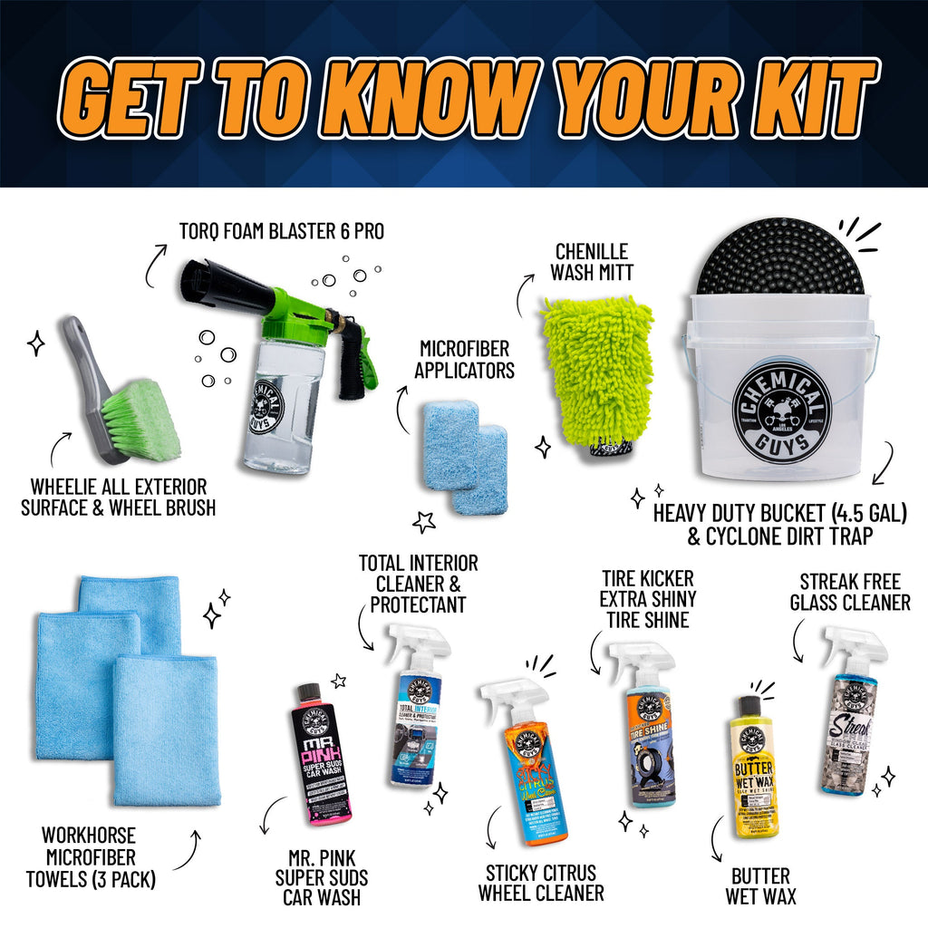 All Season Arsenal Builder Kit - infographic showing all included items: foam blaster, wash mitt, bucket, towels, wheel brush, and car wash products