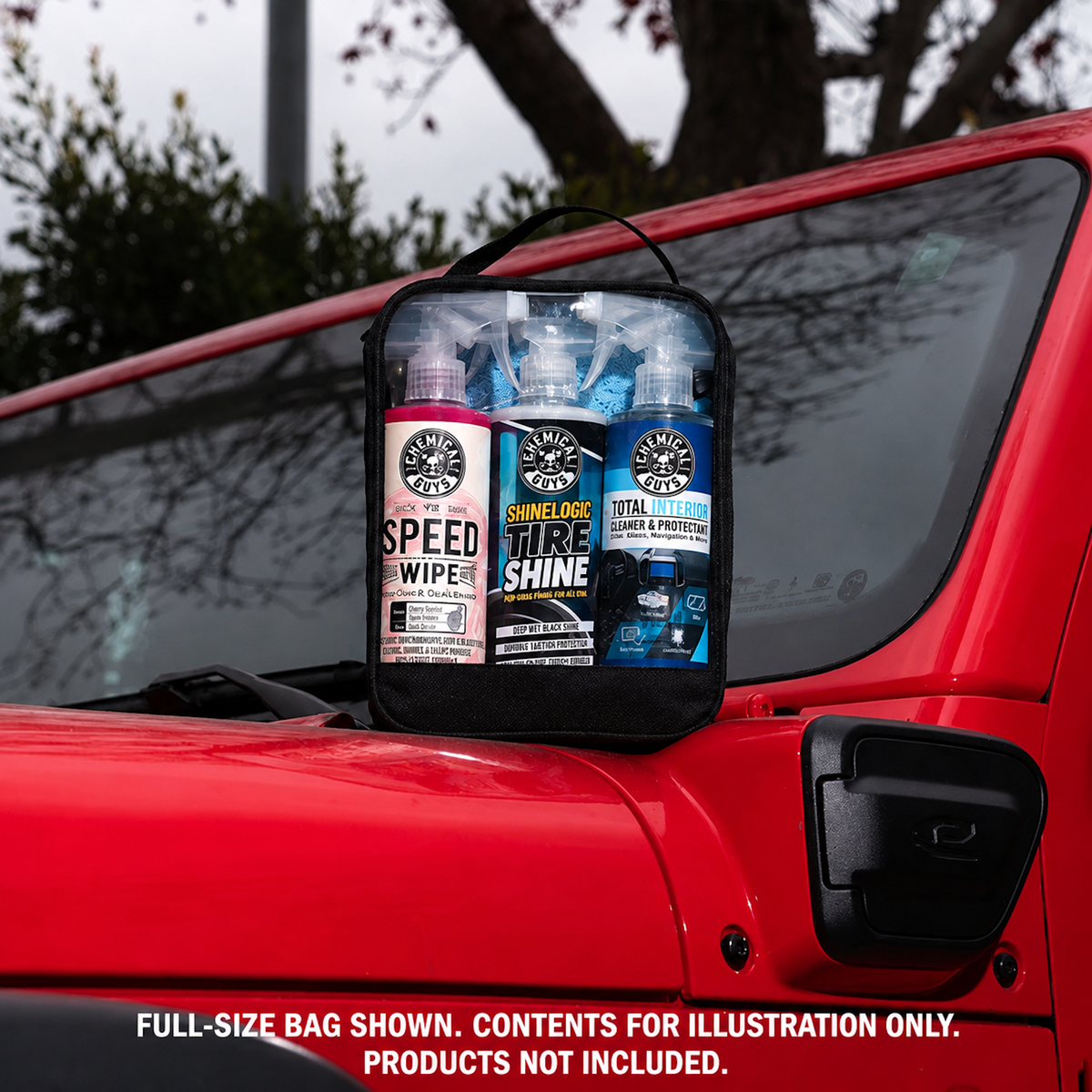 Clear Carry Zippered Storage Bag holding three car care spray bottles, placed on hood of red vehicle - full-size bag shown, contents for illustration only, products not included