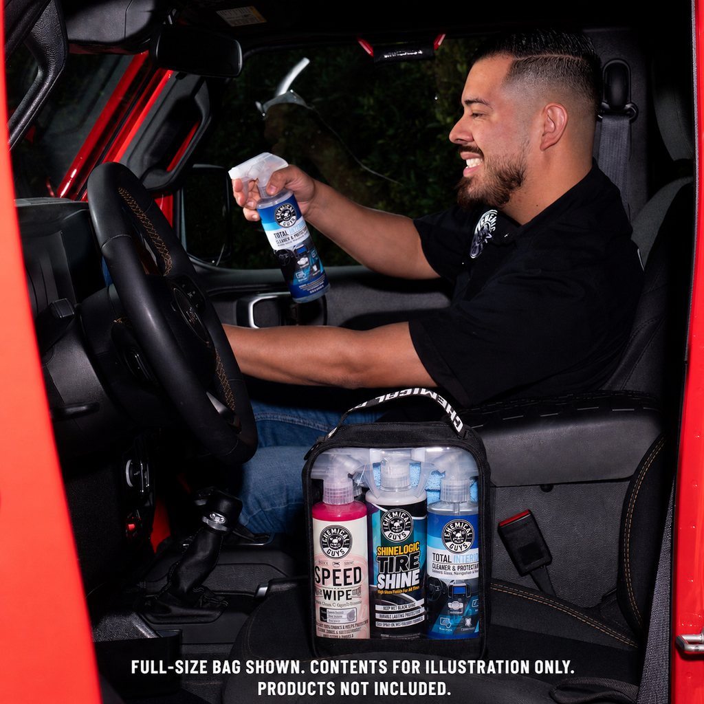 Man in truck holding car care products with Clear Carry Zippered Storage Bag on center console - full-size bag shown, contents for illustration only, products not included