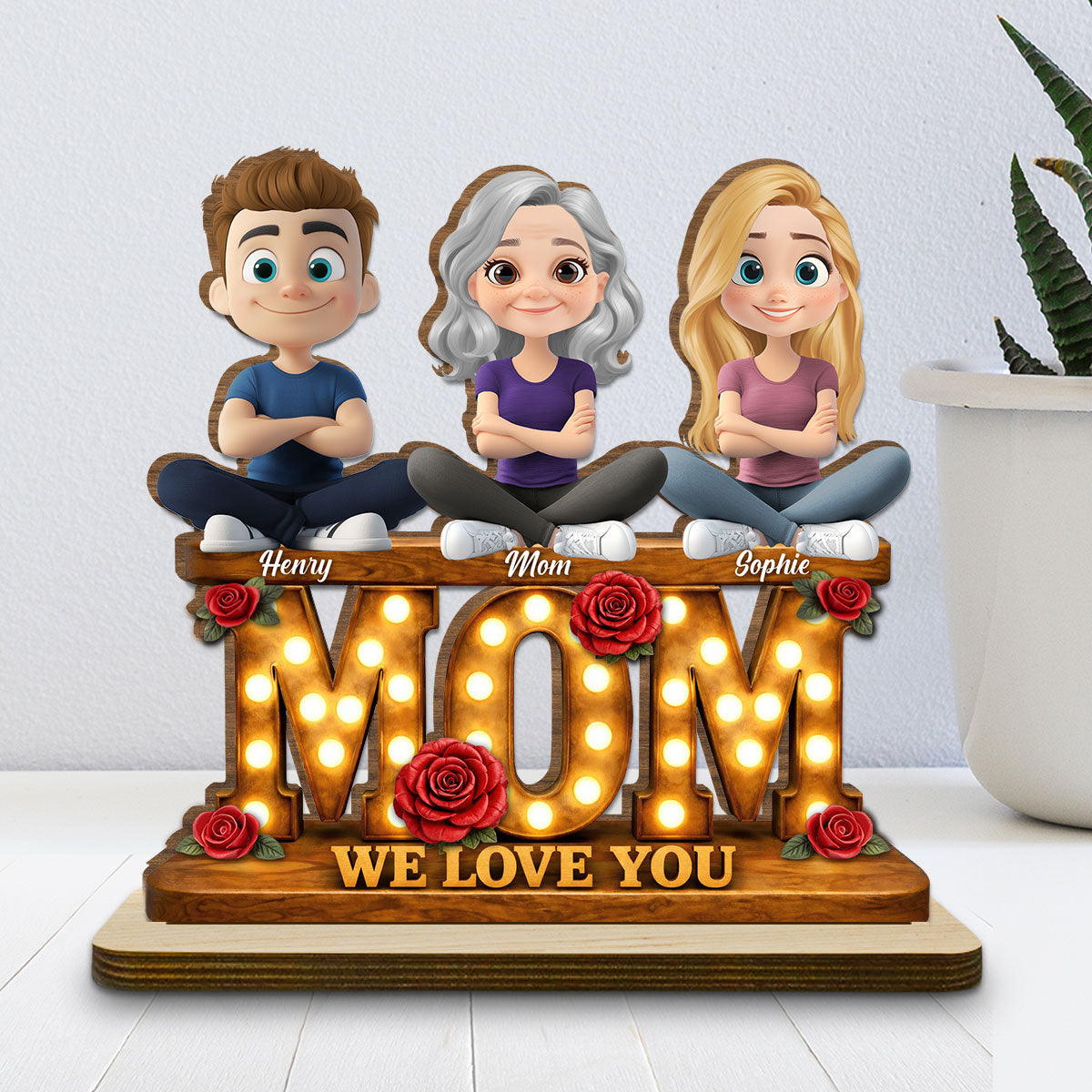 Custom Mother's Day Decor, Gift for Mom & Grandma • Mom Love Forever - Personalized 2-Layer Wood Plaque With Flat Base