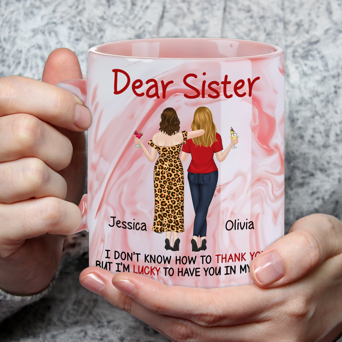 Custom Christmas & Birthday Gift for Brother & Sister • Lucky To Have You - Personalized Pink Marble Mug