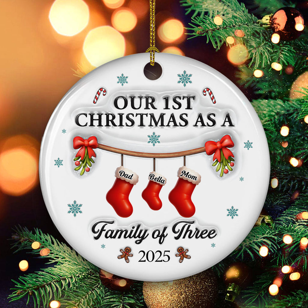 Custom Family Ornament, Christmas Gift for Family Members •  Christmas With Mom Dad And Baby - Personalized 3D Effect Ceramic Ornament