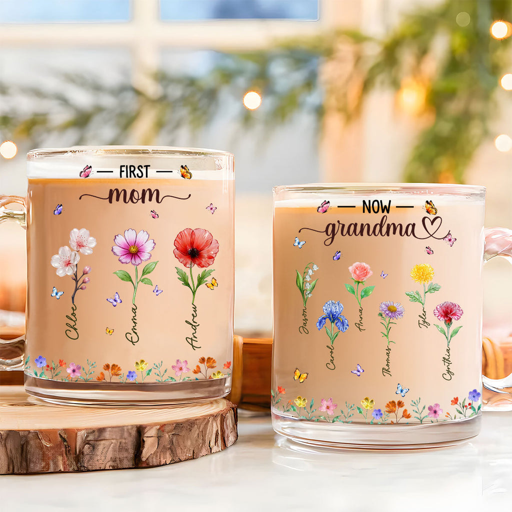 Custom Mother's Day Gift for Mom & Grandma • Grandma Birthmonth Glass Flower - Personalized Glass Mug