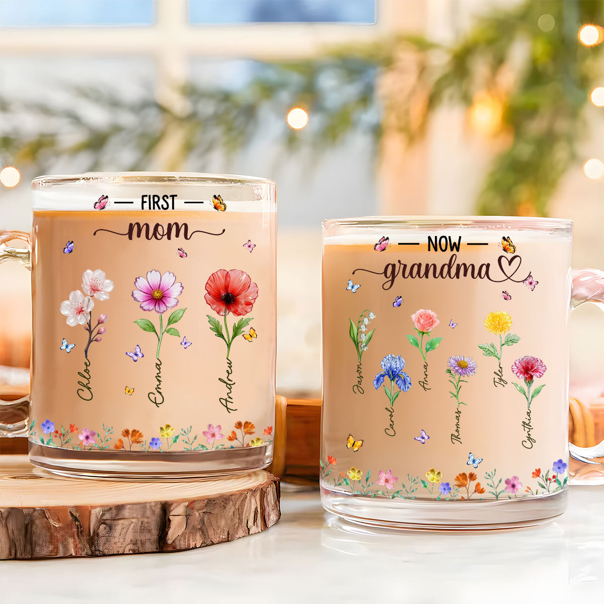 Custom Mother's Day Gift for Mom & Grandma • Grandma Birthmonth Glass Flower - Personalized Glass Mug
